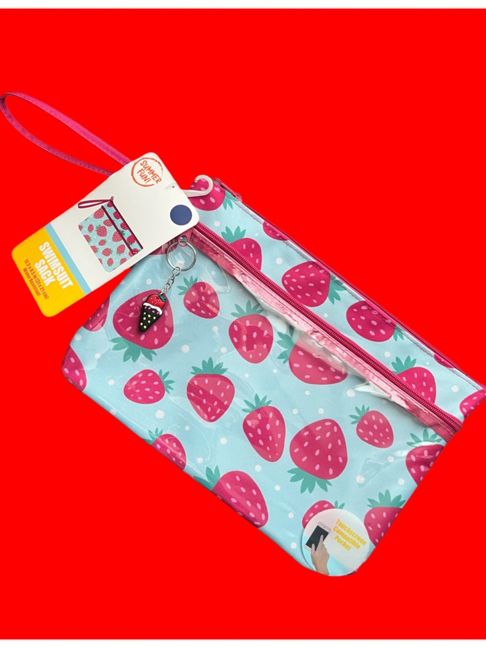 Swimsuit Sack Strawberry Print Wristlet Pouch with Keychain